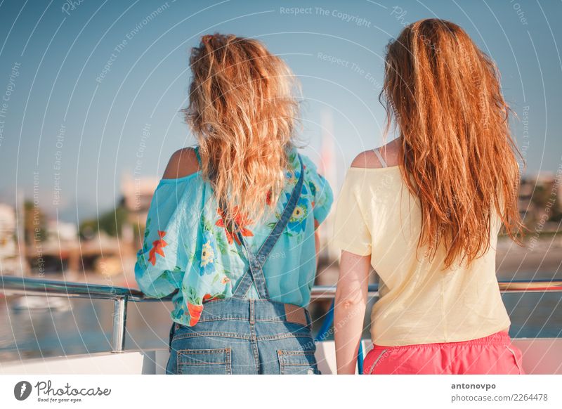 girls on a yacht Young woman Youth (Young adults) Hair and hairstyles 2 Human being Boating trip Cruise liner Yacht Motorboat Blue Brown Yellow Lifestyle Woman