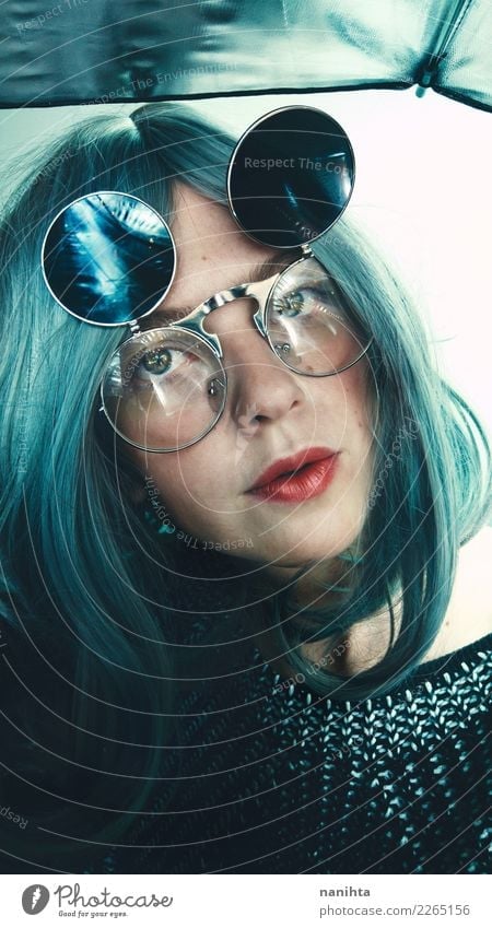 Young weird woman wearing retro glasses Style Design Beautiful Hair and hairstyles Skin Face Make-up Human being Feminine Young woman Youth (Young adults) 1
