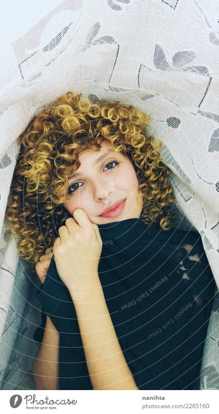 Lovely young woman with curly blonde hair Lifestyle Style Joy Beautiful Hair and hairstyles Face Wellness Well-being Human being Feminine Young woman