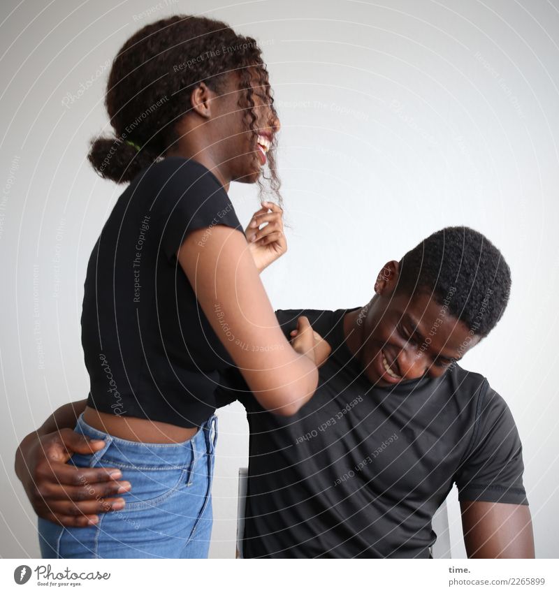 Arabella and Kekeli Masculine Feminine Woman Adults Man 2 Human being T-shirt Jeans Black-haired Short-haired Long-haired Curl To hold on Laughter Embrace