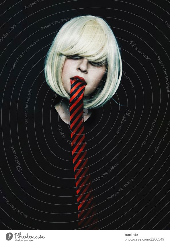 Conceptual portrait of a young woman with a tie as tongue Elegant Beautiful Hair and hairstyles Face Work and employment Human being Feminine Young woman