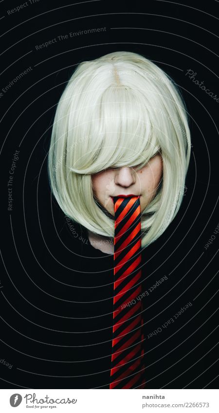 Artistic portrait of an albino woman with a tie as tongue Luxury Elegant Style Design Hair and hairstyles Skin Face Work and employment Human being Feminine