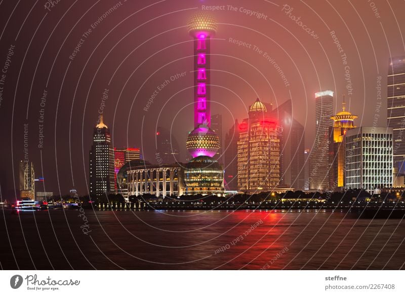 . Town Skyline Overpopulated Exceptional China Shanghai Multicoloured Neon light Pu Dong Colour photo Exterior shot Deserted Copy Space bottom