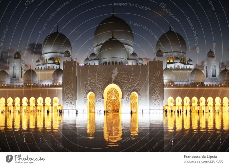 Sheikh Zayid Mosque in the evening Abu Dhabi United Arab Emirates Asia Populated Palace Places Architecture Tower Roof Domed roof Arcade Entrance Goal