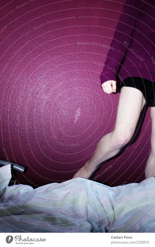 quickly away Skin Bed Bedroom Human being Young woman Youth (Young adults) Legs 1 Violet Black White Colour photo Interior shot Copy Space left Flash photo