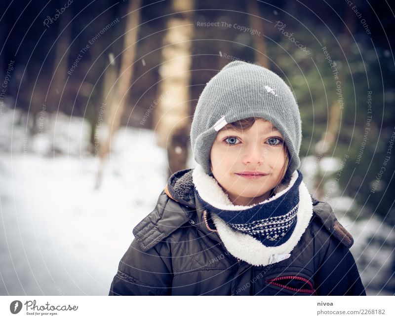 snowy Winter Snow Human being Masculine Child Boy (child) Infancy 1 8 - 13 years Environment Nature Landscape Climate Snowfall Tree Forest Coat Scarf Cap Angel