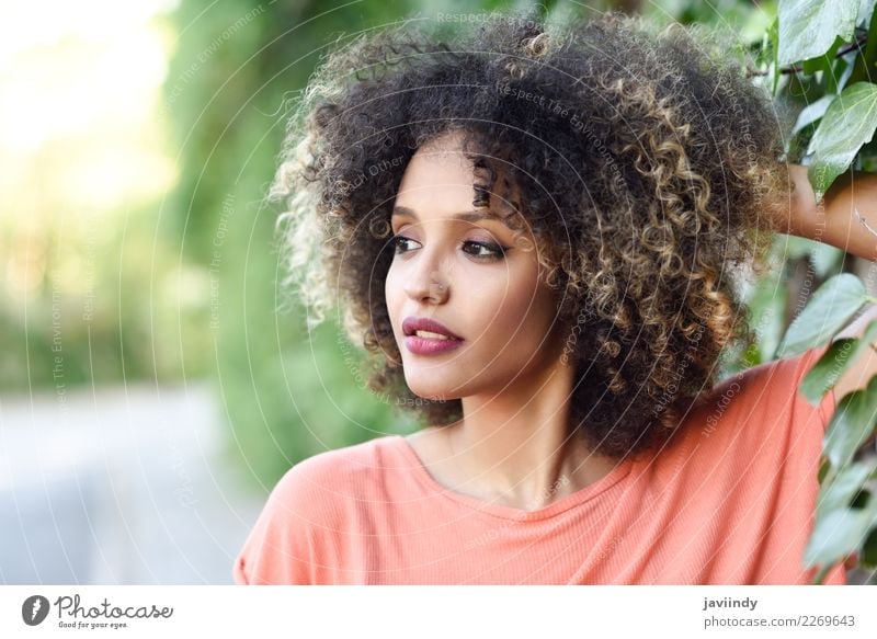 Mixed woman with afro hairstyle standing in an urban park Lifestyle Style Beautiful Hair and hairstyles Face Human being Young woman Youth (Young adults) Woman