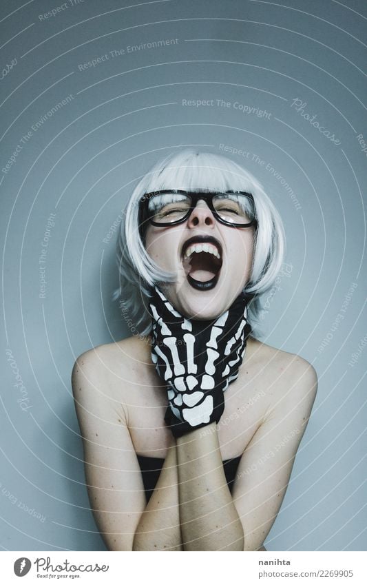 Young weird woman screaming Design Exotic Face Human being Feminine Young woman Youth (Young adults) 1 18 - 30 years Adults Eyeglasses Gloves White-haired