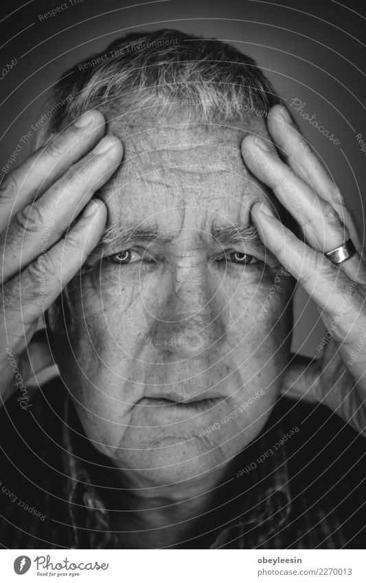 Close up face portrait Older depressed man Face Human being Man Adults Grandfather Hand Think Sadness Natural Gray Black White Loneliness Fear Middle head sad