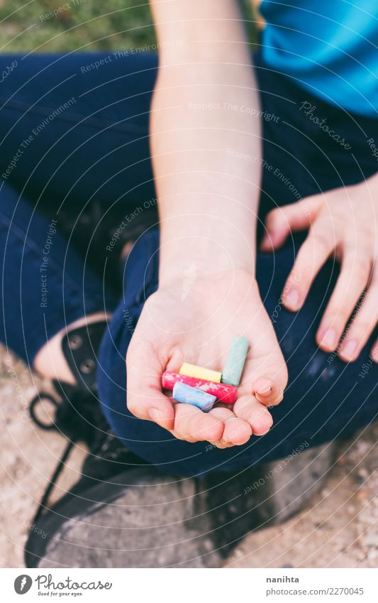 hand holding color chalks Lifestyle Design Hand Parenting Education Kindergarten Schoolchild Student Teacher Human being Feminine Androgynous Young woman