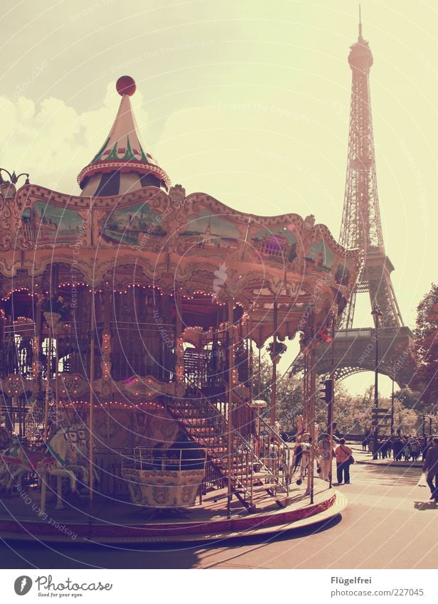 Oh là là! Beautiful weather Rotate Carousel Hobbyhorse Paris Vintage Eiffel Tower France Vacation & Travel Human being Culture Capital city Joy Playing
