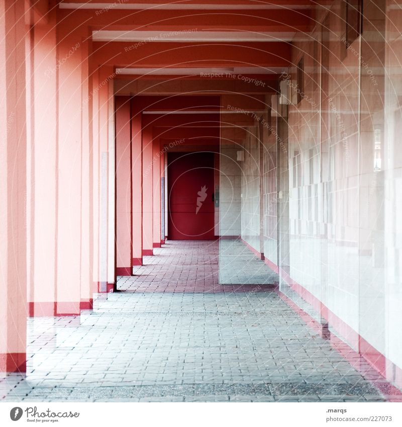 corridor Style Deserted Manmade structures Architecture Apartment house Door Hallway Column Concrete Exceptional Cool (slang) Sharp-edged Crazy Red Perturbed