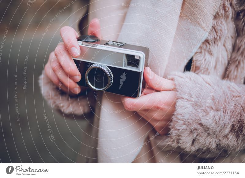 Close up of hands holding analog camera Winter Human being Peoples Cold City life Camera Photographer Modern Retro Lifestyle Blog