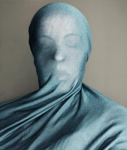sculpture Style Human being Feminine Woman Adults Head 1 Blue Rag Sculpture Packaged Vail Unclear Sheath Cloth Motionless Colour photo Interior shot Closed eyes