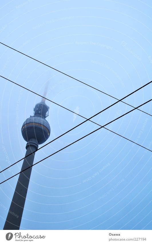 / X Cable Sky Clouds Fog Capital city Tower Building Architecture Road junction Crucifix Blue Berlin TV Tower Television tower Alexanderplatz Middle