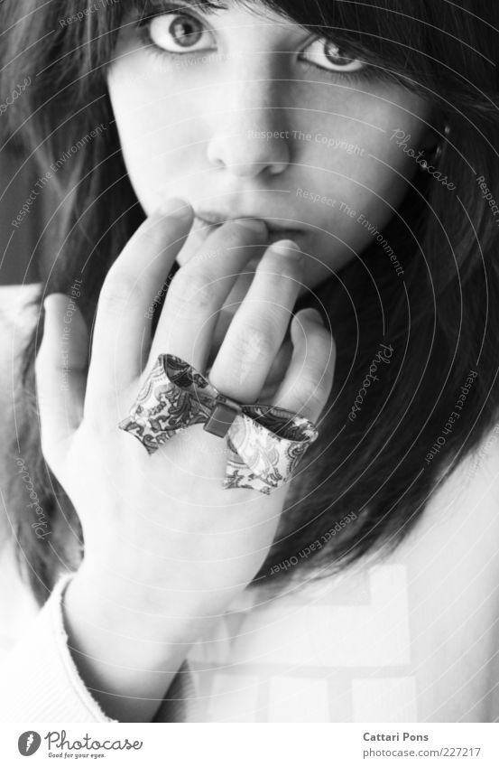 natural Feminine Young woman Youth (Young adults) Hand 1 Human being Accessory Jewellery Ring Bow Touch Think Looking Fingers Eyes Black & white photo