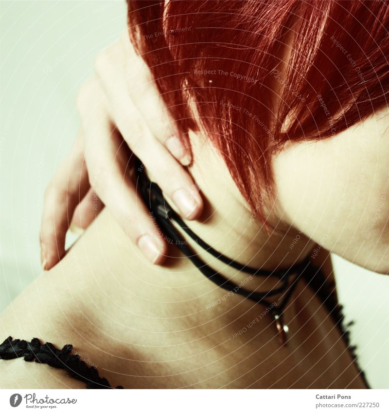 obscure Young woman Hand Fingers Fingernail Necklace Jewellery Leather strip Hair and hairstyles Red Short Red-haired Woman`s neck Touch Skin 1