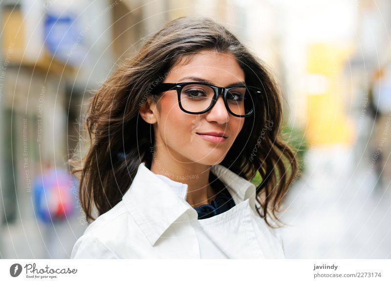 woman with eye glasses smiling in urban background Lifestyle Happy Beautiful Face Human being Feminine Young woman Youth (Young adults) Woman Adults Mouth 1