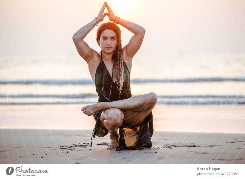 Girl practicing yoga on the beach Lifestyle Vacation & Travel Yoga Feminine Young woman Youth (Young adults) Body 1 Human being 18 - 30 years Adults