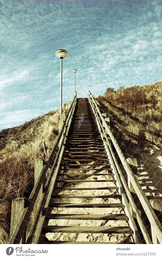 Stairway to heaven Dune Beach dune Stairs Handrail Banister Hope Optimism Lanes & trails Lantern Sky Beautiful weather Colour photo Exterior shot Copy Space top