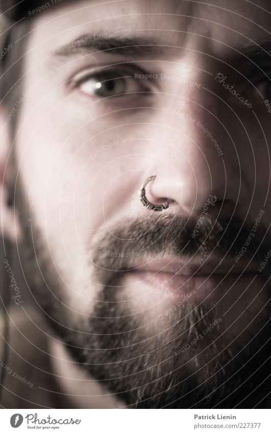 lucky and unhappy Lifestyle Skin Face Human being Masculine Man Adults Head Eyes Nose Mouth 1 Looking Moody Contentment Willpower Nose ring Facial hair Dark