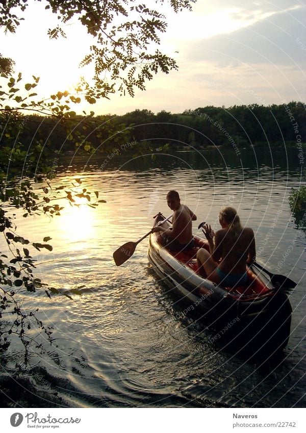 After the sun Evening sun Watercraft Romance Lake Paddling Rowing Lake Baggersee Dinghy Navigation Human being