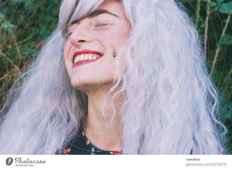 Young woman with white hair is smiling Lifestyle Style Design Exotic Beautiful Hair and hairstyles Skin Face Freckles Wellness Well-being Human being Feminine
