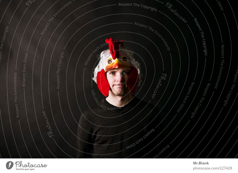 The cock in the basket Elegant Style Human being Masculine Young man Youth (Young adults) 1 18 - 30 years Adults Sweater Mask Costume Rooster Cockscomb Looking