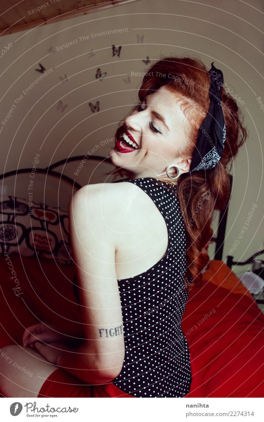 Young pin up woman laughing in her room Lifestyle Elegant Style Beautiful Hair and hairstyles Wellness Living or residing Bedroom Human being Feminine