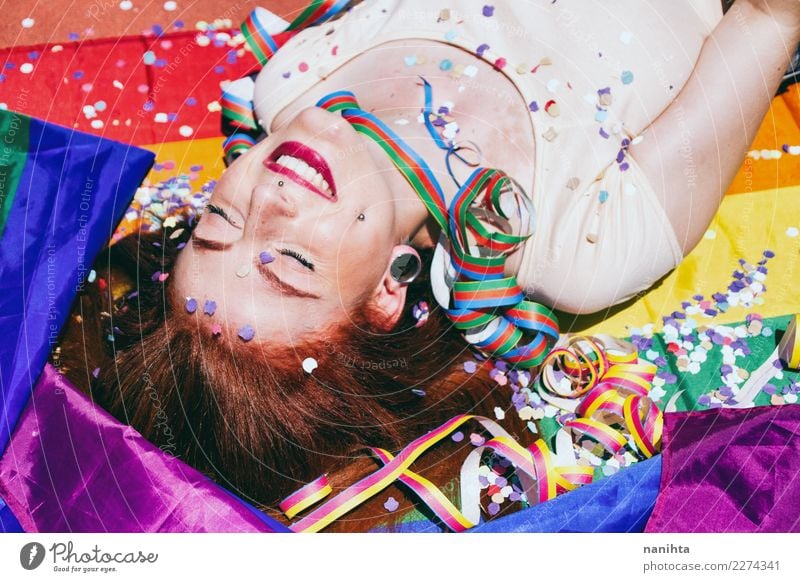 Young woman enjoying a gay pride party Lifestyle Style Design Joy Beautiful Wellness Well-being Relaxation Party Event Feasts & Celebrations Human being