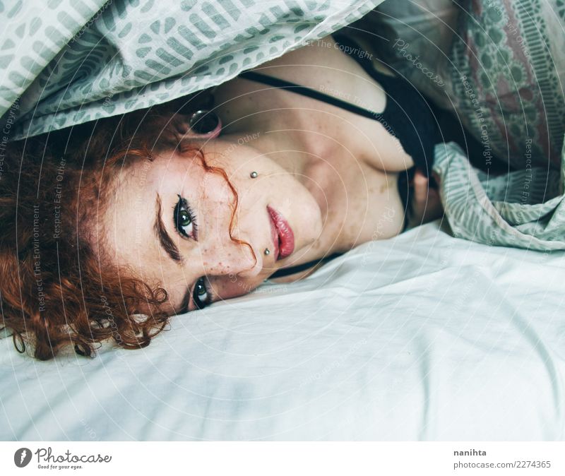 Young redhead woman waking up Lifestyle Style Beautiful Hair and hairstyles Skin Face Freckles Wellness Well-being Relaxation Calm Bed Human being Feminine