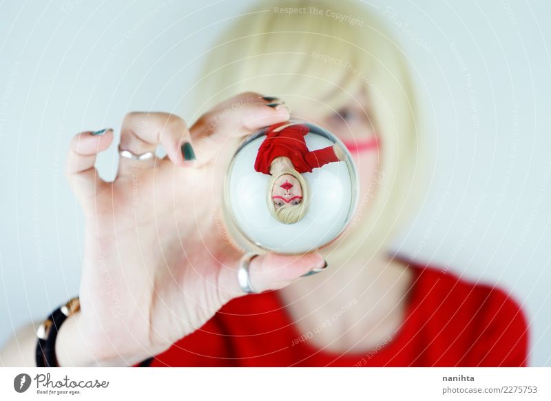 Artistic portrait of a young woman through a crystal ball Style Design Hair and hairstyles Make-up Human being Feminine Young woman Youth (Young adults) 1