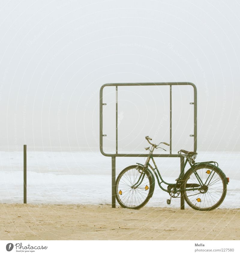 rest Vacation & Travel Trip Cycling tour Environment Winter Climate Fog Ice Frost Coast Beach North Sea Bicycle Gloomy Gray Loneliness Break Calm Far-off places