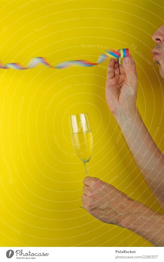 #AS# Yeah Party ! Masculine Feasts & Celebrations New Year's Eve Paper streamers Sparkling wine Champagne glass Hand Yellow Movement Blow Success Mouth Kick off