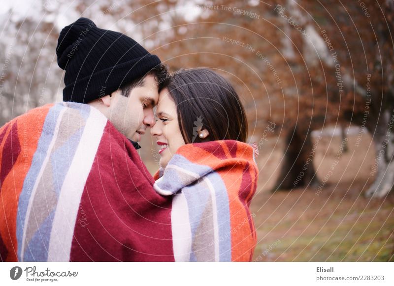 Cute couple wrapped up in blanket Vacation & Travel Tourism Winter Winter vacation Autumn Human being Young woman Youth (Young adults) Young man