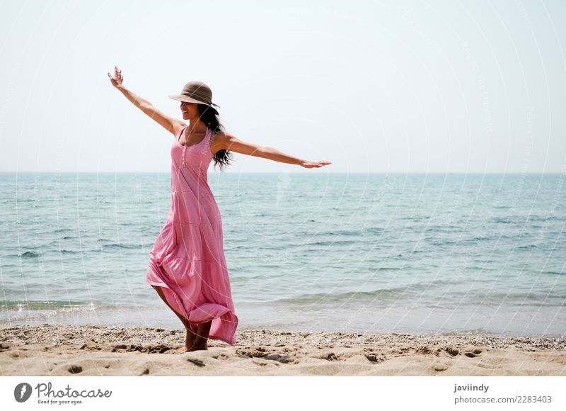 woman with long pink dress on a tropical beach Lifestyle Joy Beautiful Leisure and hobbies Vacation & Travel Tourism Summer Beach Human being Feminine