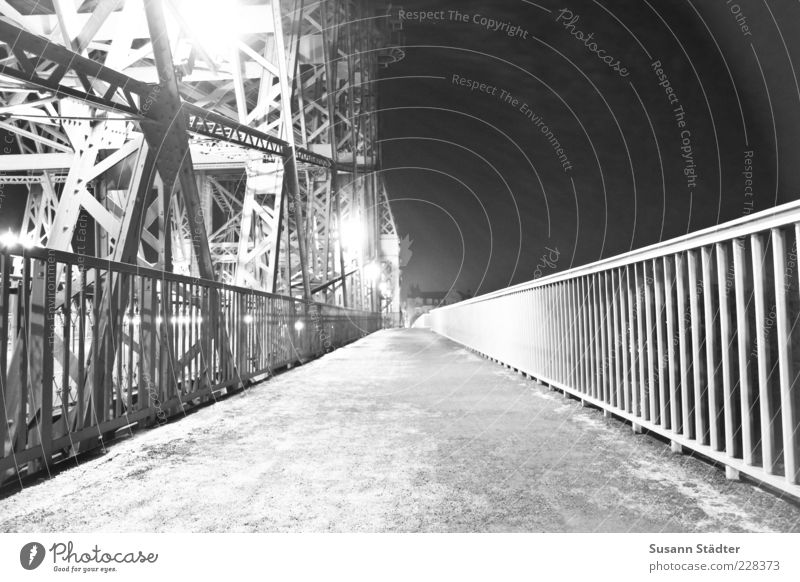 marvels Bridge Illuminate Steel carrier Handrail Dresden Lantern Steel bridge Black & white photo Exterior shot Night Artificial light Shadow Contrast