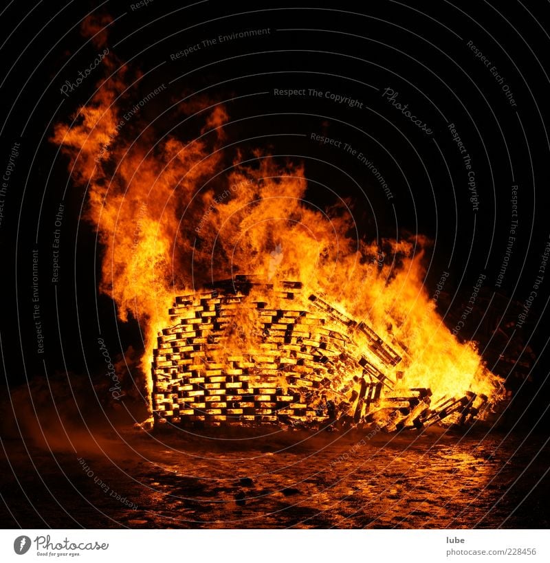 bonfires Fire Warmth Hot Yellow Red Warm-heartedness Destruction Spark Burn Blaze Fire prevention Heat Colour photo Copy Space top Night Copy Space bottom Flame