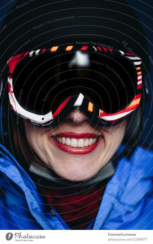 Smiling woman with ski helmet and ski goggles Lifestyle Sports Fitness Sports Training Skiing Feminine Young woman Youth (Young adults) Woman Adults 1