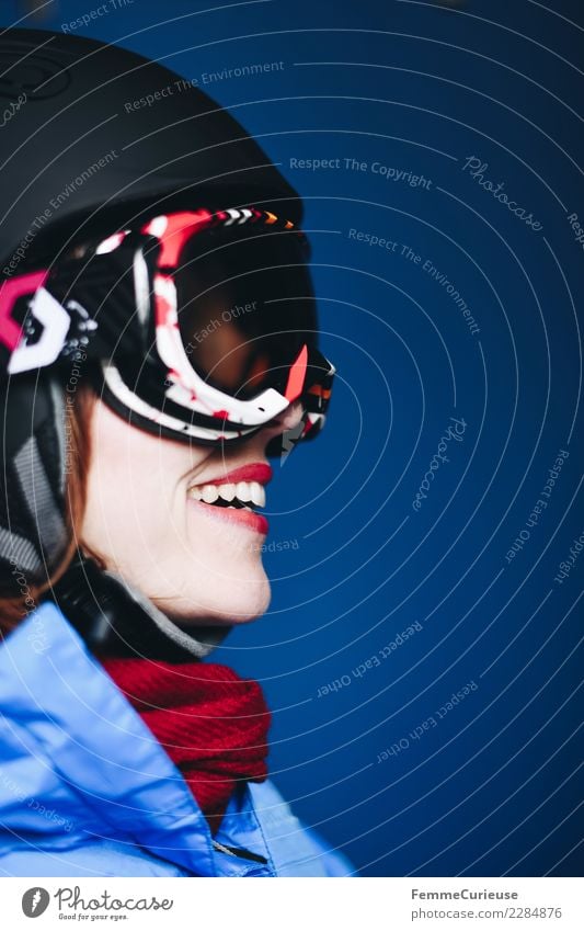 Smiling woman with ski helmet and ski goggles Lifestyle Sports Fitness Sports Training Ski run Feminine Young woman Youth (Young adults) Woman Adults 1