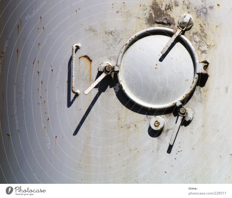 Space station (unauthorized kit, external hatch) Industry Metal Rust Old Round Gray Industrial Photography Flap Tin Metalware Lever Hinge Circle opening