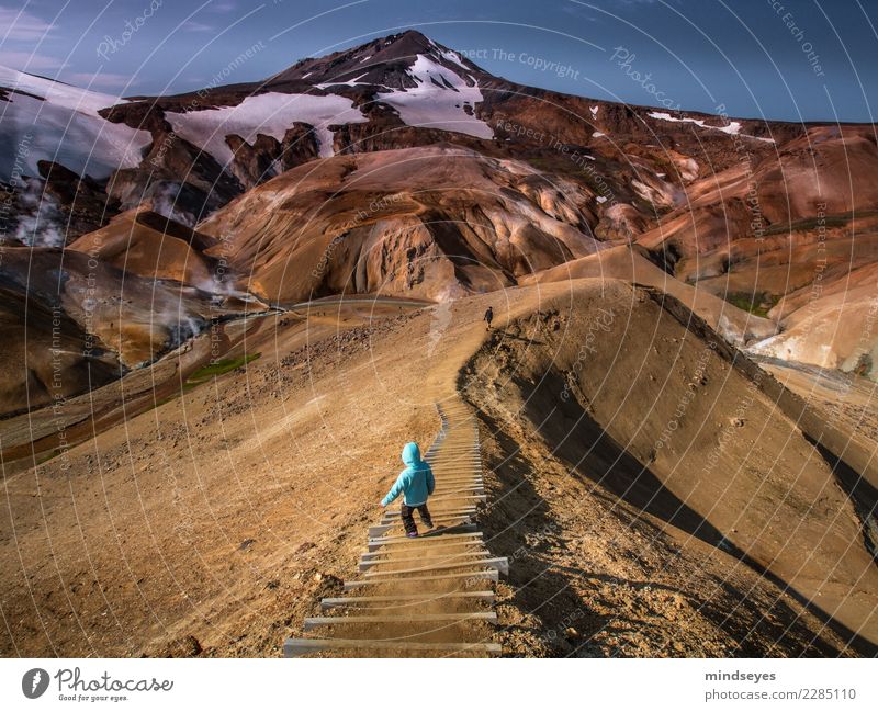 Descent into adventure Vacation & Travel Adventure Mountain Hiking Child 3 - 8 years Infancy Cloudless sky Iceland Geothermy Stairs Lanes & trails Discover Blue