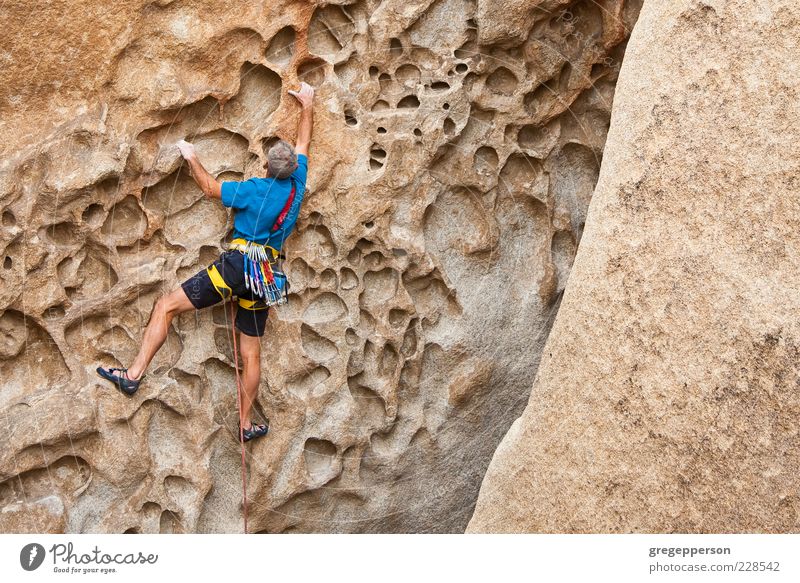 Rock climber clinging to a cliff. Adventure Sports Climbing Mountaineering Rope Man Adults 1 Human being Athletic Tall Bravery Self-confident Success Power