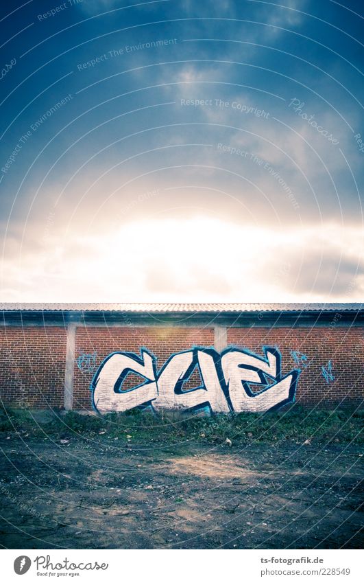Graffiti Sunrise Art Youth culture Subculture Environment Clouds Sunset Sunlight Industrial plant Manmade structures Wall (barrier) Wall (building) Stone Sand