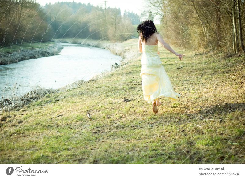 let go. Woman Adults Brook Dress Black-haired Walking Running Jump Elegant Natural Beautiful Yellow Brave Determination Emotions Mysterious Ease Past