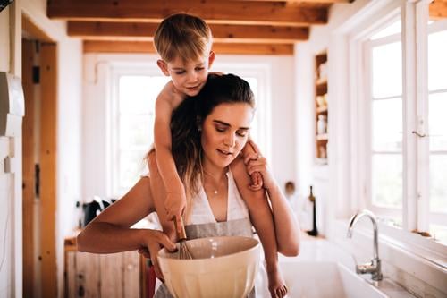 Mother and son baking together in kitchen Winter Kitchen Parenting Child Toddler Boy (child) Parents Adults Family & Relations Infancy Hut Smiling Together kids