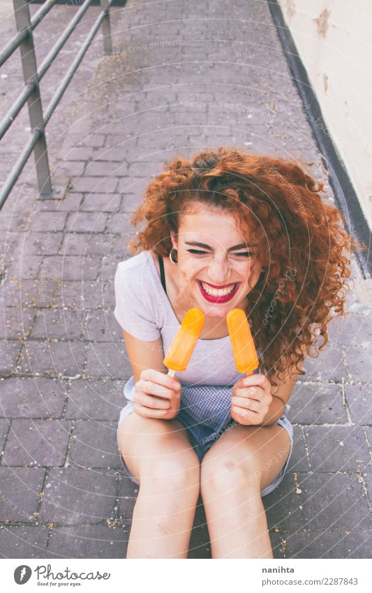 Young, redhead and happy woman enjoying ice cream Food Ice cream Eating Lifestyle Style Joy Beautiful Body Hair and hairstyles Human being Feminine Young woman