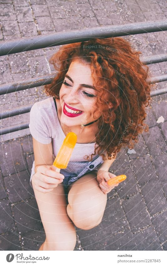 Young happy woman eating ice creams Food Ice cream Eating Lifestyle Style Joy Hair and hairstyles Face Summer Summer vacation Human being Feminine Young woman