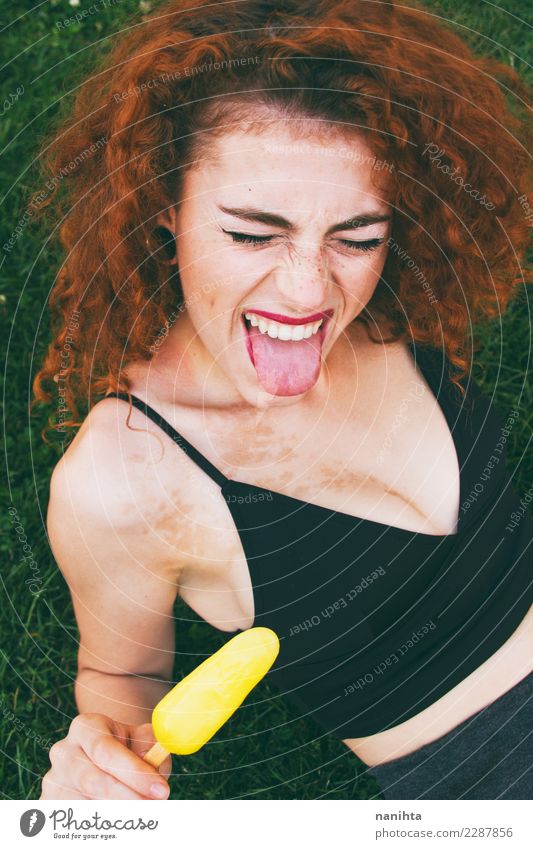 Young redhead woman sticking out her tongue Food Ice cream Eating Lifestyle Style Joy Beautiful Human being Feminine Young woman Youth (Young adults) 1