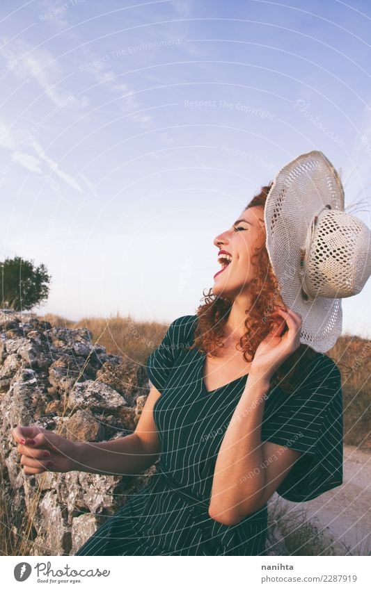 Young woman laughing outdoors Lifestyle Elegant Style Joy Hair and hairstyles Wellness Vacation & Travel Tourism Freedom Summer Summer vacation Human being